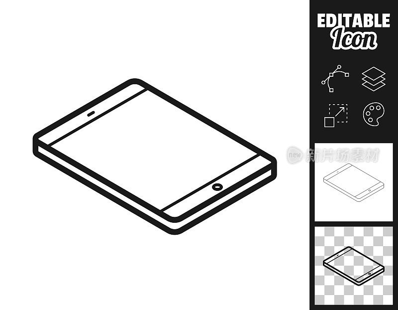 等距平板PC -平面位置。图标设计。轻松地编辑